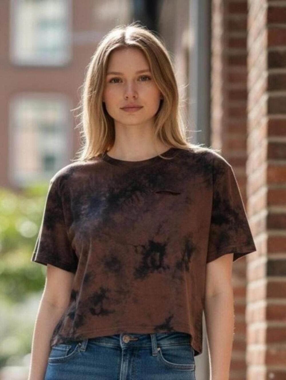 Avanova Brown Black Distressed Cutout Cropped T-Shirt